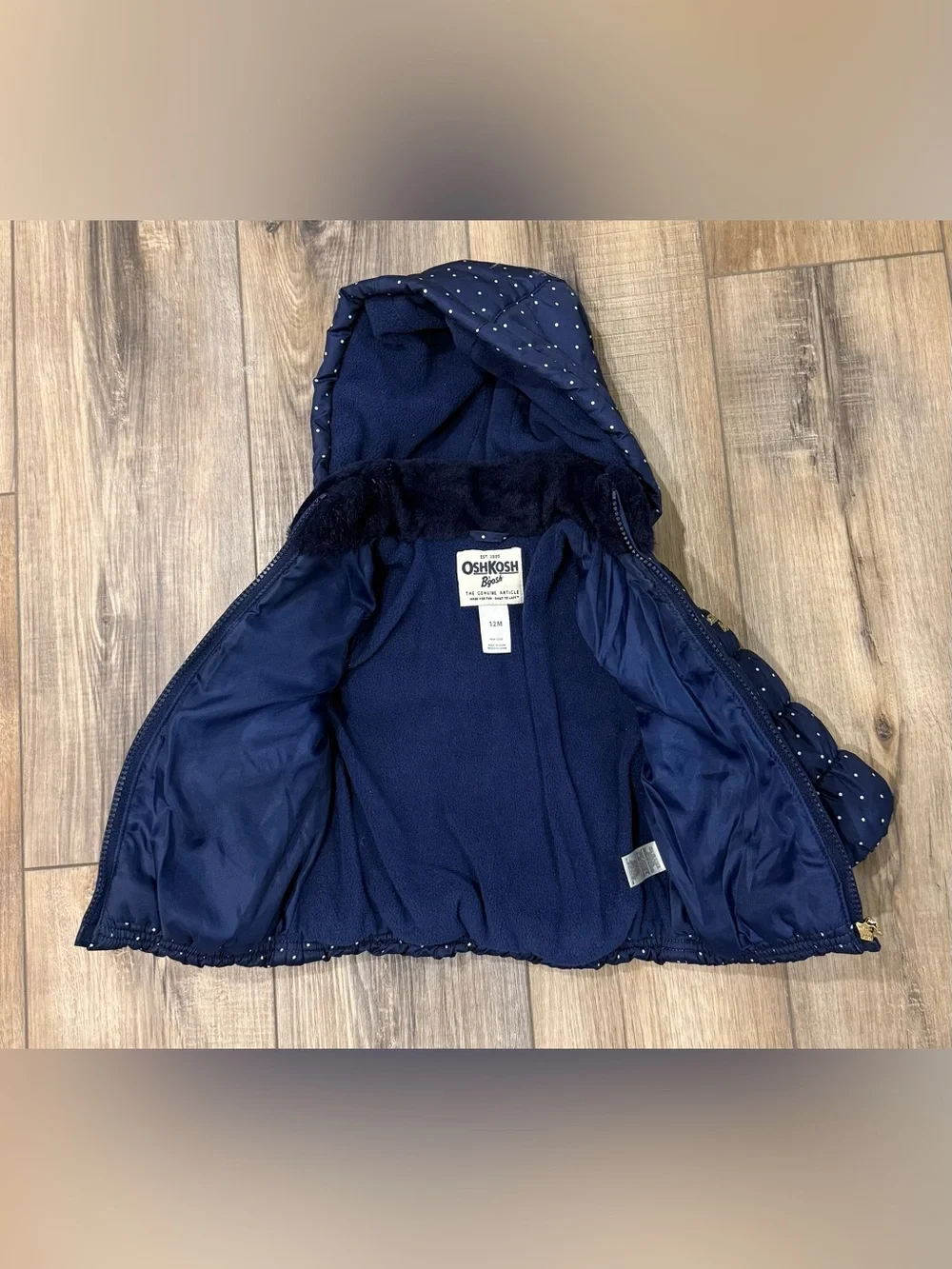 OshKosh B’gosh Baby Girls 12M Navy Polka Dot Hooded Puffer Winter Coat